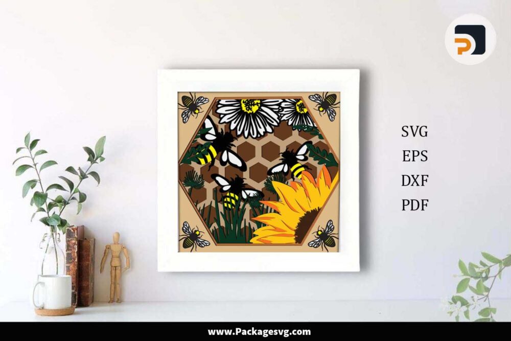 3D Bee Shadow Box Svg, Paper Cut Template Digital Download LEO29LVW