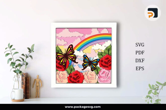 3D Rainbow Butterfly Shadowbox SVG, Flower Template For Cricut