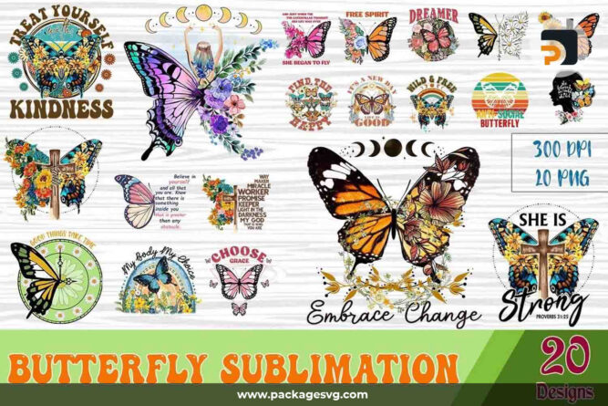 Butterfly Sublimation Bundle, 20 Faith Designs PNG