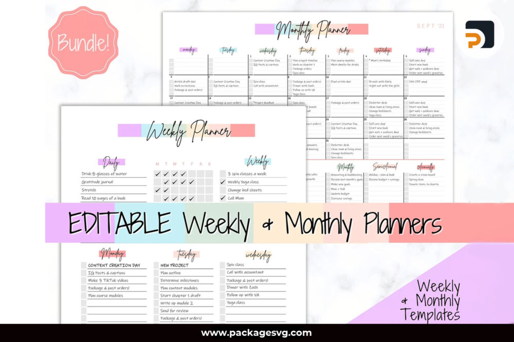 Colorful Weekly-Monthly Planners, Editable Weekly Template