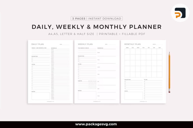 Daily-Weekly-Monthly Planner, Printable Planner A4/A5/Letter/Half Size