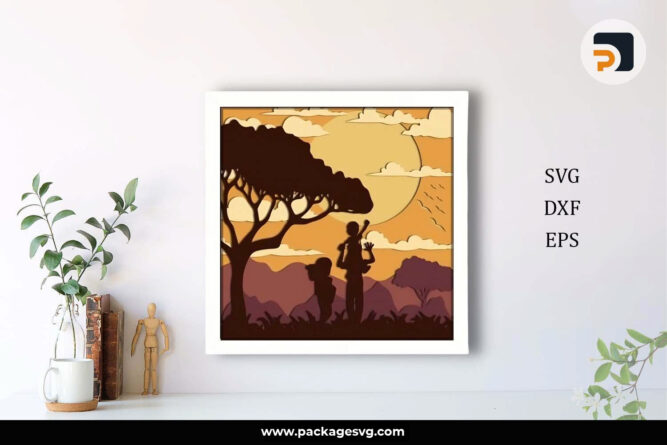 Family Shadow Sunset Light Box SVG, 3D Papercut Template