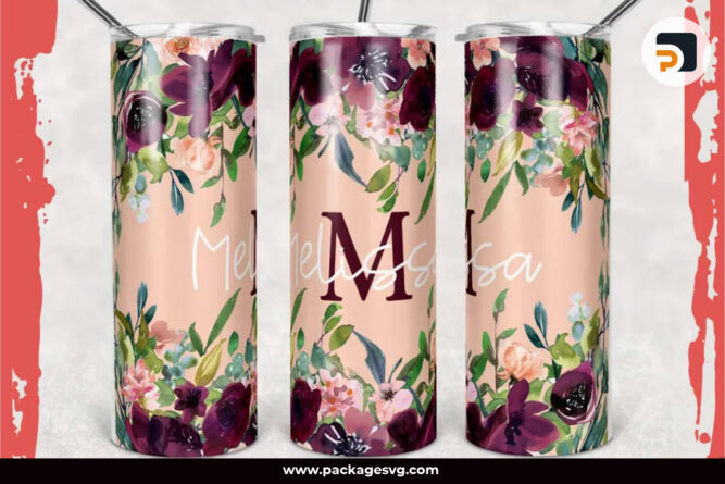 Floral Peach and Maroon PNG, 20oz Skinny Tumbler Template