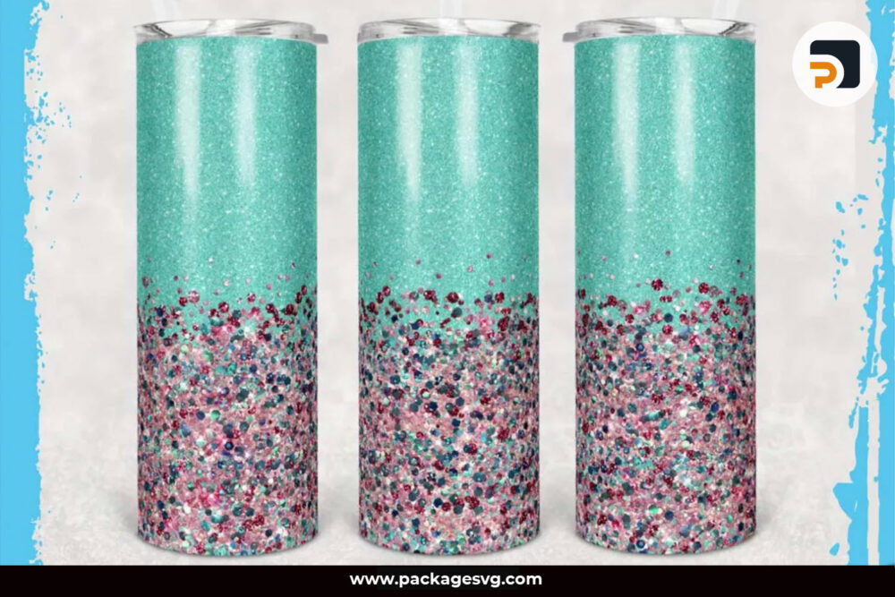 Glitter Confetti Pink Mint PNG, 20oz Skinny Tumbler Template