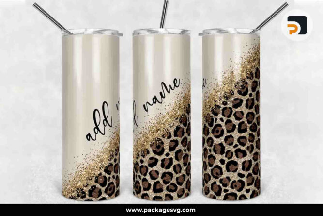 Glitter Gold tan Diagonal Leopard Straight Personalize, 20oz Skinny Tumbler Template