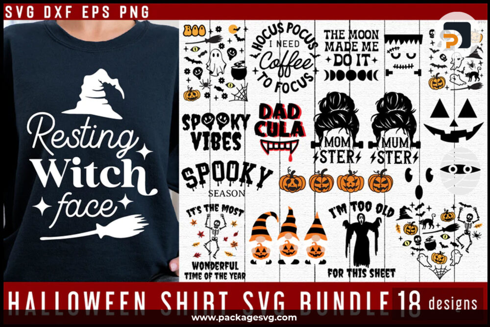 Halloween Bundle SVG PNG EPS DXF PDF, Halloween Shirt 18 Design Cut Files