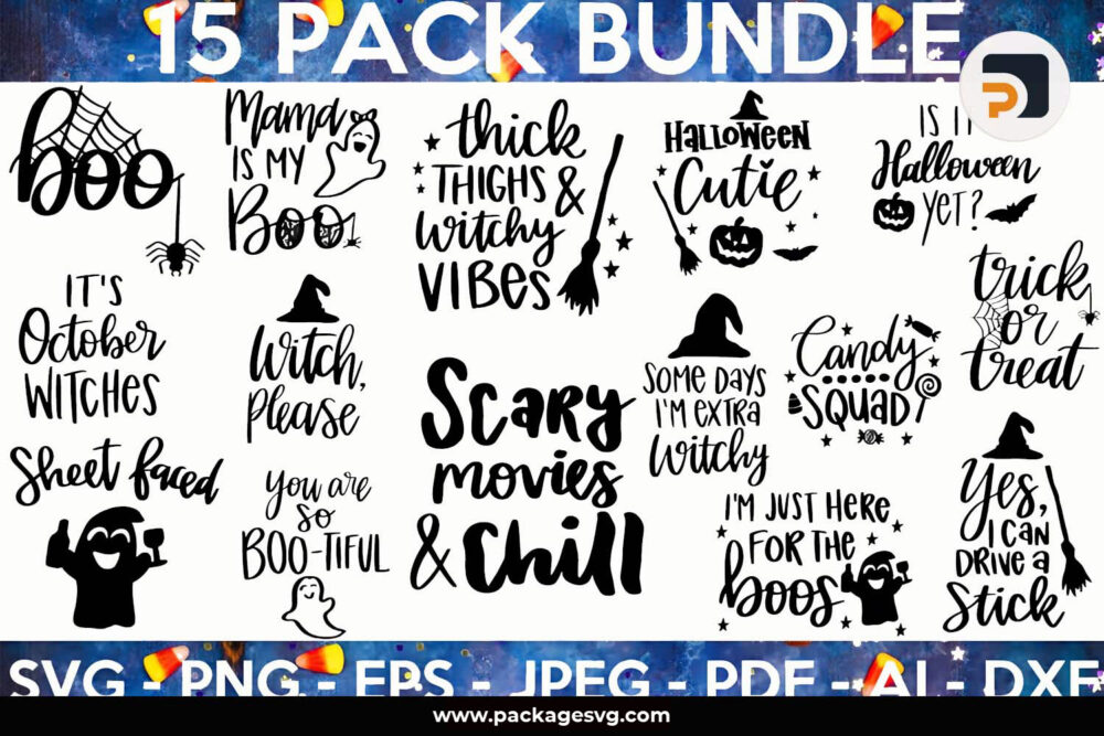 Halloween Quote Bundle SVG, 15 Witch Designs Printable for T-Shirt