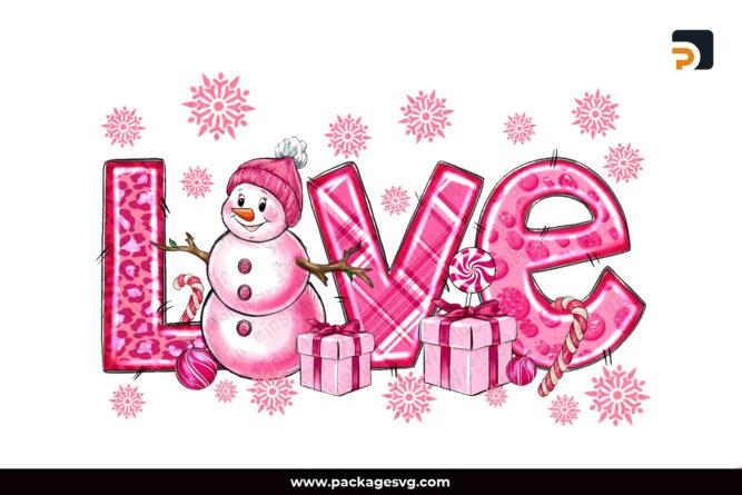 Love Pink Christmas Snowman PNG Sublimation Design