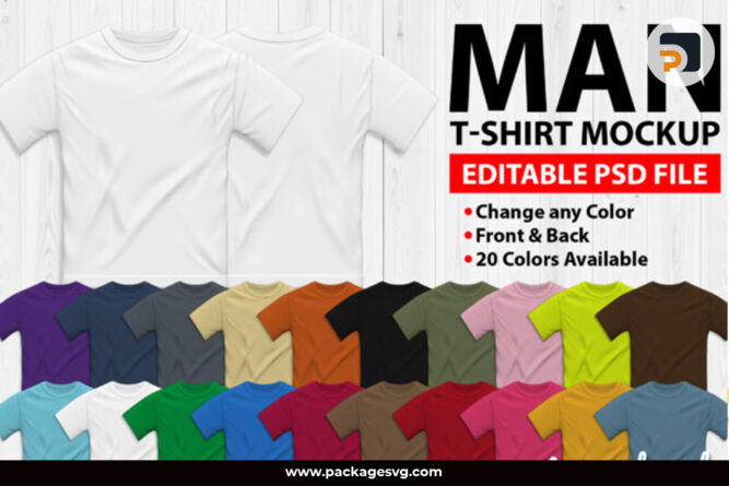 Men T-Shirt Mockup PSD PNG, 20 Colours Editable PSD File