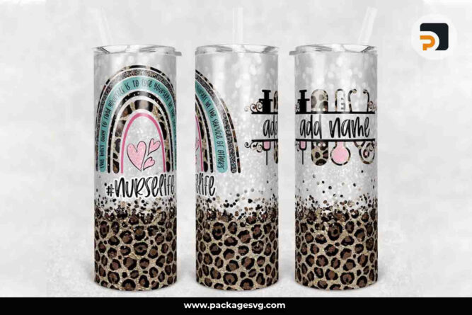 Nurse Life Monogram Sublimation PNG, 20oz Skinny Tumbler Rainbow Leopard Glitter