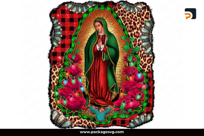 Our Lady of Guadalupe With Leopard, Gemstone Christmas Background PNG Sublimation Design