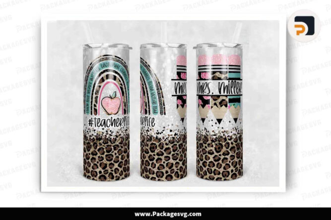 Pencil Monogram Teacher Life Sublimation PNG, 20 oz Skinny Tumbler Rainbow Leopard Glitter LE5CJ2TZ