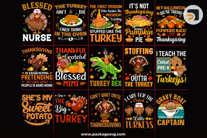 Thanksgiving Turkey Bundle 15 Designs SVG PNG EPS, Printable on Shirt