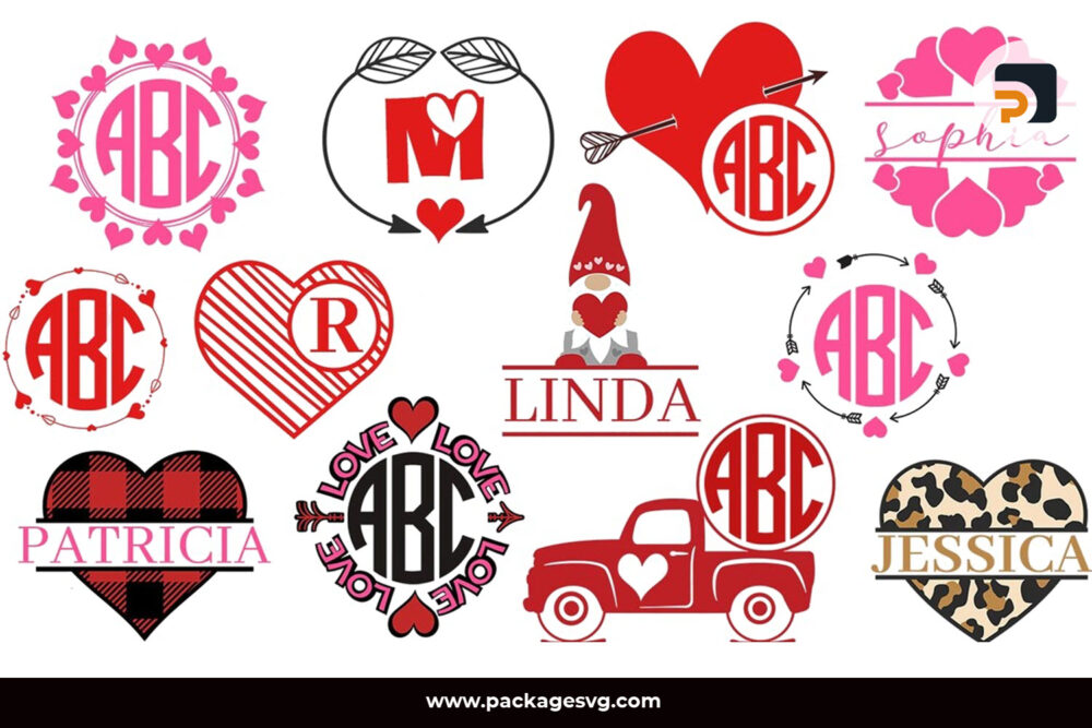 Valentines Day Monogram SVG Bundle, Heart Designs SVG PNG DXF EPS JPG