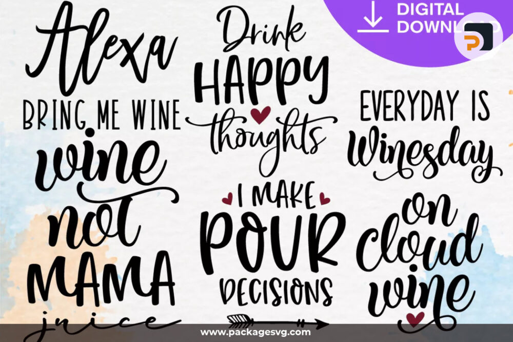 Wine Quotes Bundle SVG PNG DXF, 40 Wine Lover Designs