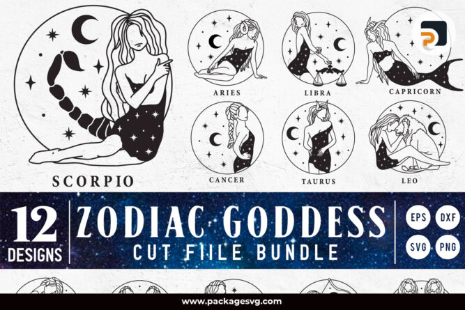 Zodiac Goddess Cut File Bundle SVG EPS PNG DXF, 12 Designs