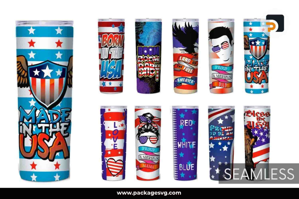 10 Designs 4th of July Sublimation, 20oz Skinny Tumbler Template Bundle