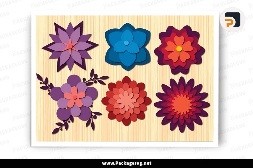 3D Flower Layer Bundle, 4 Papercut Templates For Cricut LGYY12ZO