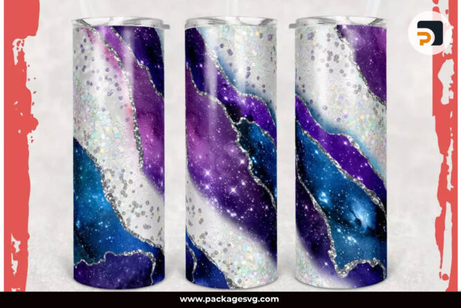 Agate Milky Way Teal Purple Silver, 20oz Skinny Tumbler Template PNG