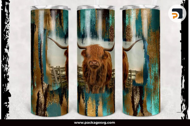 Bull Cow Teal and Gold Brush Strokes, 20oz Skinny Tumbler Template PNG