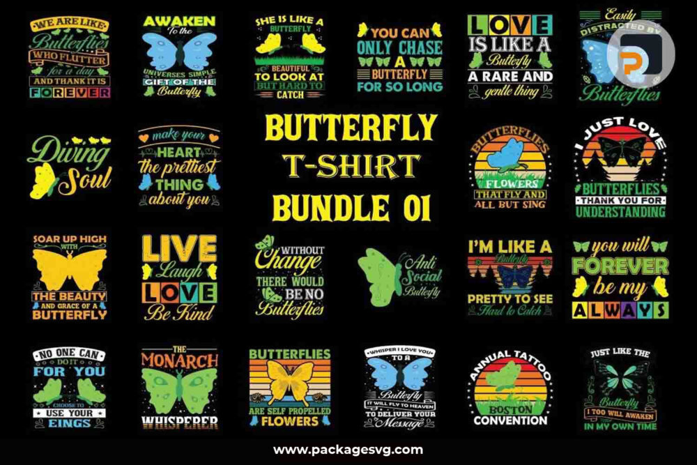 Butterfly T-Shirt Design Bundle, 24 Designs SVG PNG EPS AI