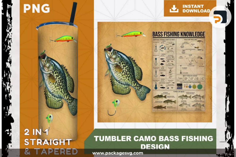 Camo Bass Fishing PNG, 20oz Skinny Tumbler Template PNG