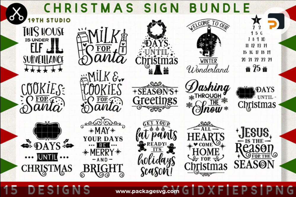 Christmas Design Bundle SVG PNG EPS DXF, 15 Designs Printable T-Shirt and Mug