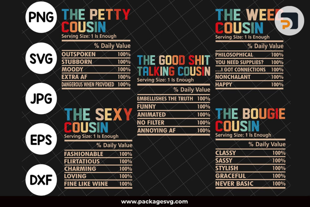 Cousin Quote SVG Bundle, Funny Cousin Nutrition Fact SVG PNG DXF EPS JPG