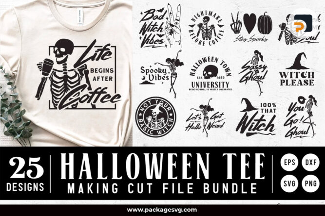 Halloween Tee Bundle SVG PNG EPS DXF, 25 Designs Printable on Shirt