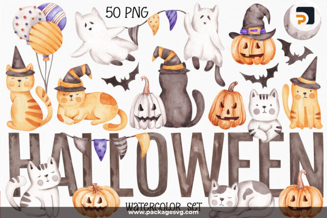 Halloween Watercolor Clip Art PNG, 50 Cat Designs