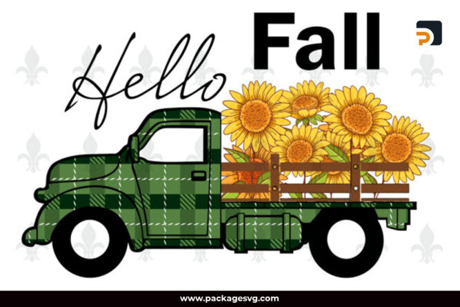 Hello Fall SVG, Truck Carrying Blue Striped Sunflowers Gifts Design