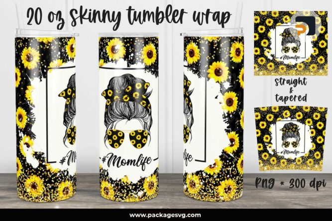 Mom Life Sunflower Sublimate PNG, 20oz Skinny Tumbler Template