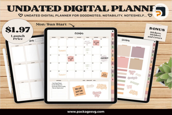 Undated Digital Planner, Monthly Planner, Goodnotes Template