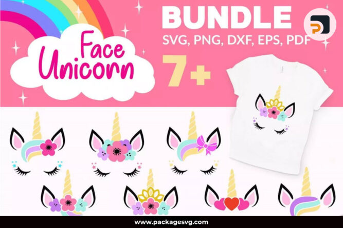 Unicorn Face Bundle SVG PNG EPS DXF PDF, 7 Kid Designs