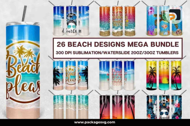 26 Beach Designs Sublimation PNG, 20oz Skinny Tumbler Template Bundle