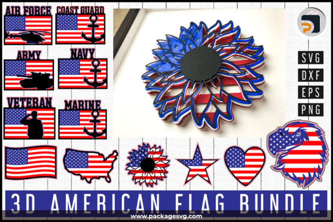 3D American Flag SVG PNG EPS DXF, 4th of July Design