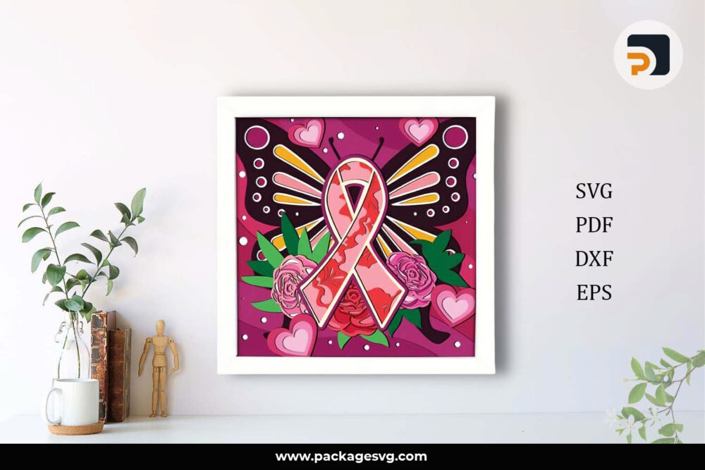 3D Breast Cancer Shadowbox SVG, Awareness Template For Cricut