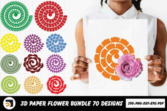 3D Paper Flower Bundle, Rolled Flowers SVG