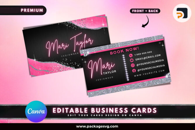 Beauty Boutique Business Cards, Pink Silver Business Card Canva Template