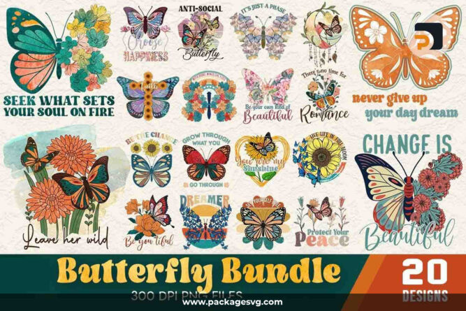 Butterfly Sublimation Bundle, 20 Designs PNG