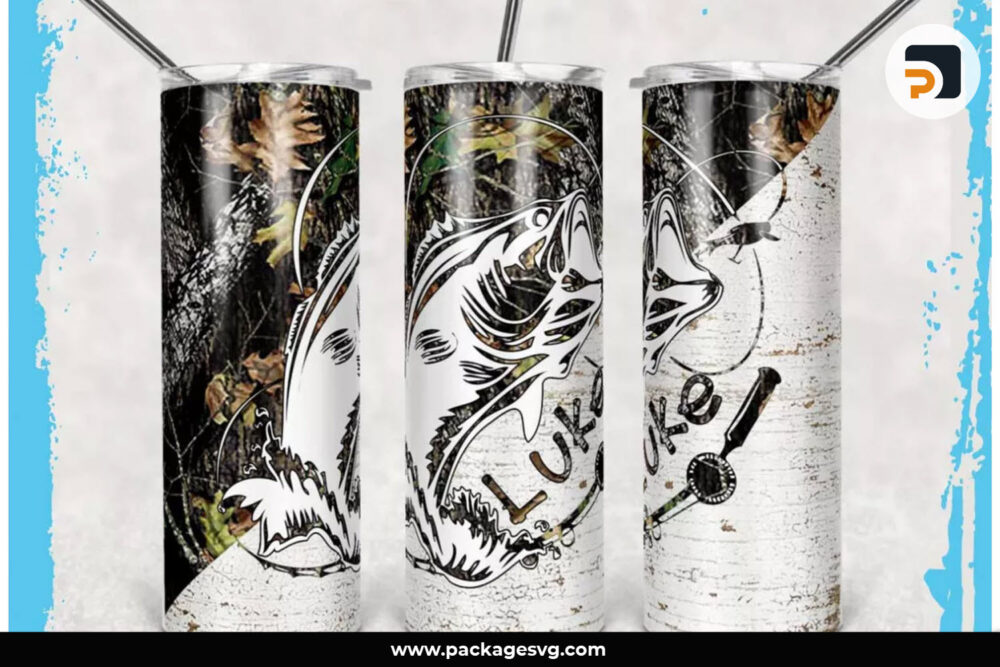 Camo Bass Fishing PNG, 20oz Skinny Tumbler Template