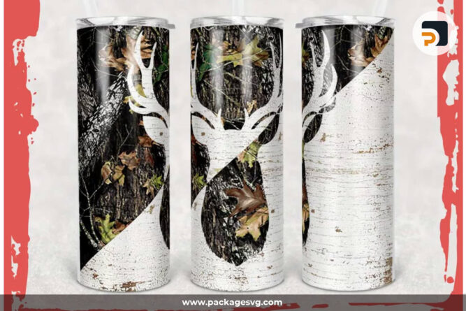 Camp Deer Camo And Wood PNG, 20oz Skinny Tumbler Template