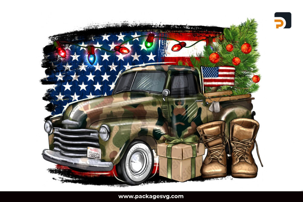 Christmas Army Truck PNG, USA Flag Background Sublimation Design