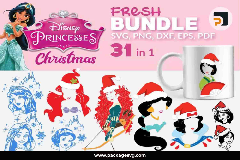 Disney Princess SVG Bundle, 31 Christmas Designs