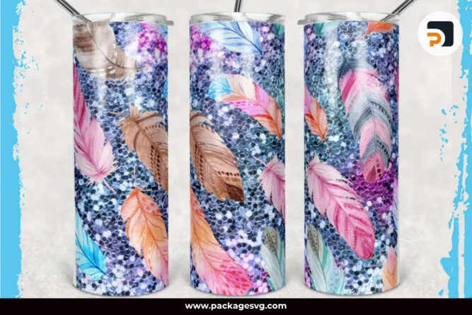 Glitter Feather PNG, 20oz Skinny Tumbler Template