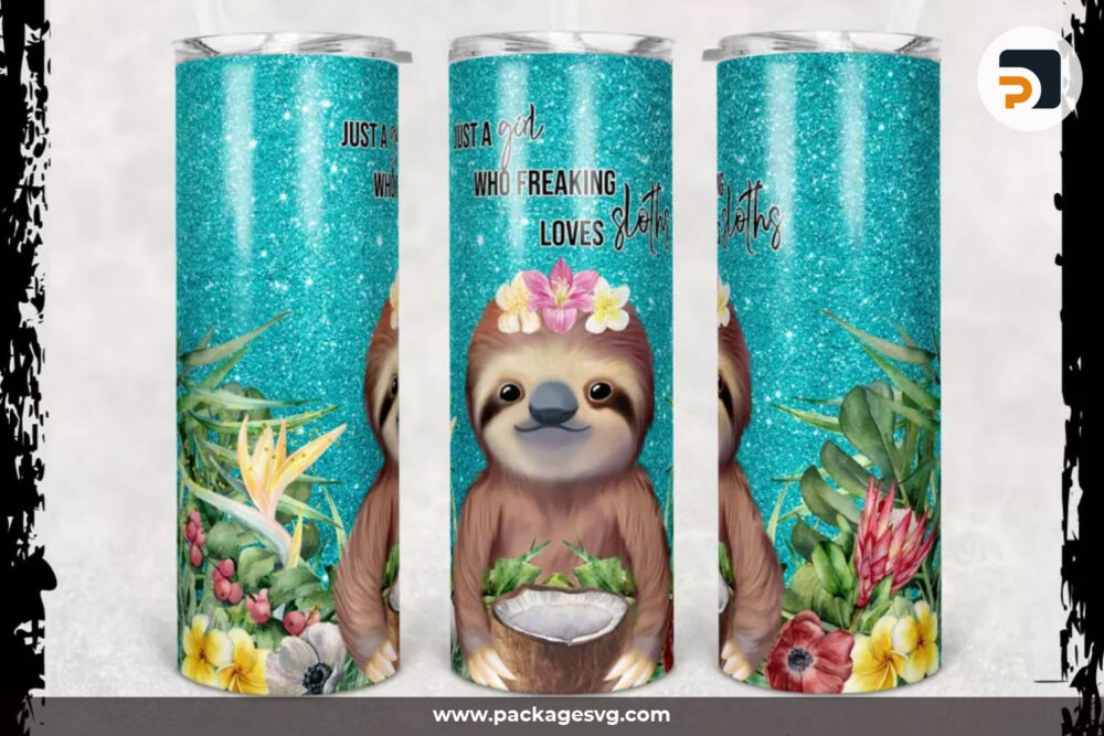 Glitter Teal Sloth PNG, 20oz Skinny Tumbler Template