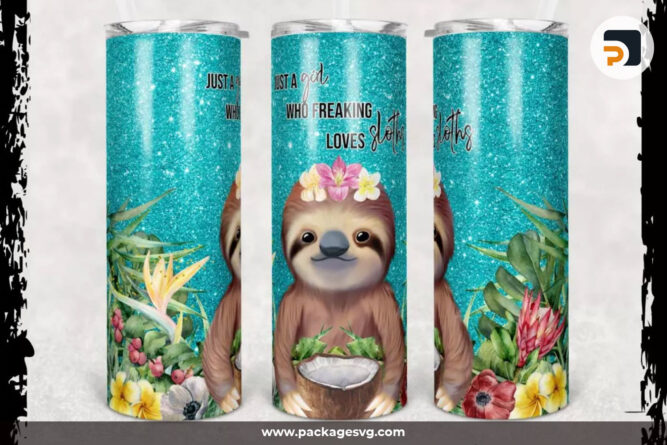 Glitter Teal Sloth PNG, 20oz Skinny Tumbler Template