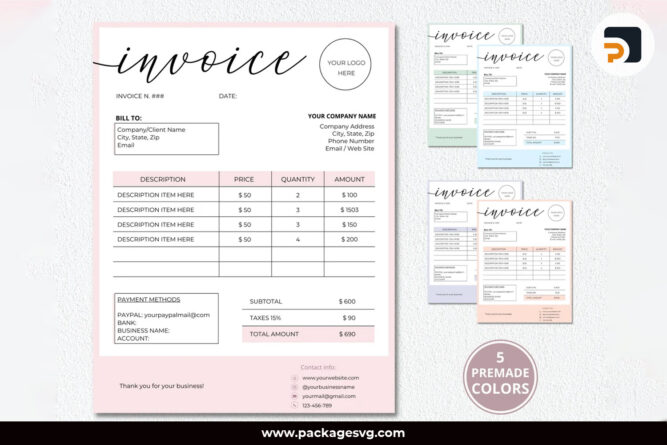 Invoice Small Business Canva Template, Editable And Printable Order Form 5 Premade Colors