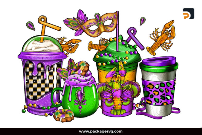 Mardi Gras Crawfish Coffee Cups PNG Sublimation Design