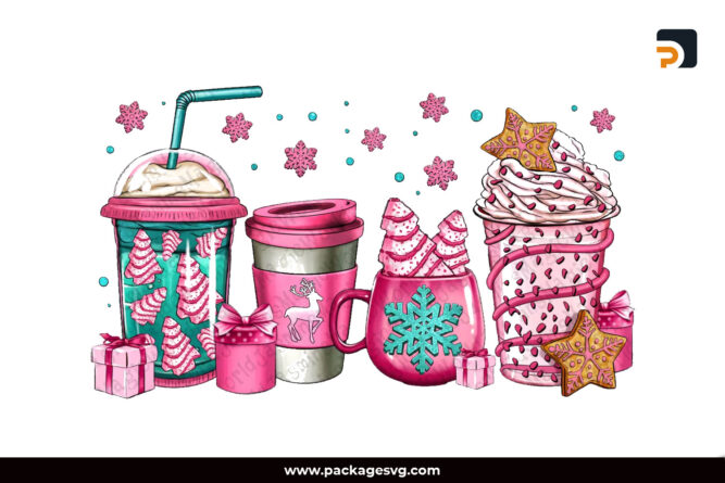 Pink Christmas Coffee Cups PNG Sublimation Design